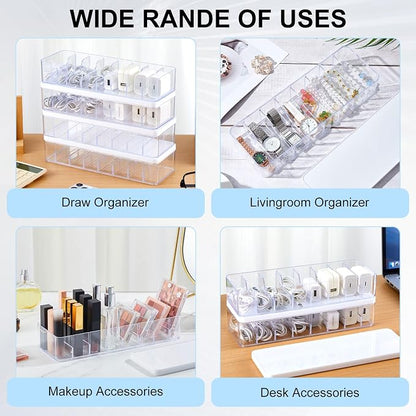 Tatuo 4 Pcs Cord Organizer for Drawer Desktop, Cable Organizer Box with 8 Compartments and Wire Ties, Plastic Charger Storage with Lid, Electronics Case for Home Office Accessories (Small,Clear,White)