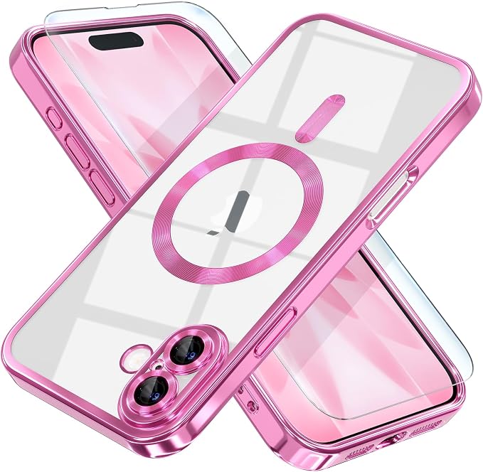 Misea Magnetic for iPhone 17 Case Compatible with MagSafe [Never Yellowing] [Military Grade Drop Protection] Full Camera Lens Protector Plating Soft Clear Phone Case for Women, Hot Pink