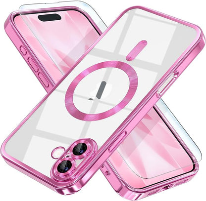 Misea Magnetic for iPhone 17 Case Compatible with MagSafe [Never Yellowing] [Military Grade Drop Protection] Full Camera Lens Protector Plating Soft Clear Phone Case for Women, Hot Pink