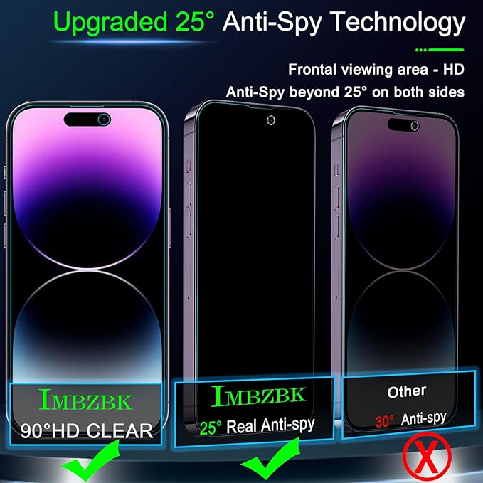 IMBZBK [Auto-Dust Removal] 3 Pack Privacy Screen Protector for iPhone 14 Pro Max Anti Spy Private Accessories, Case Friendly Film, Military Grade Tempered Glass 3 Camera Lens Protector