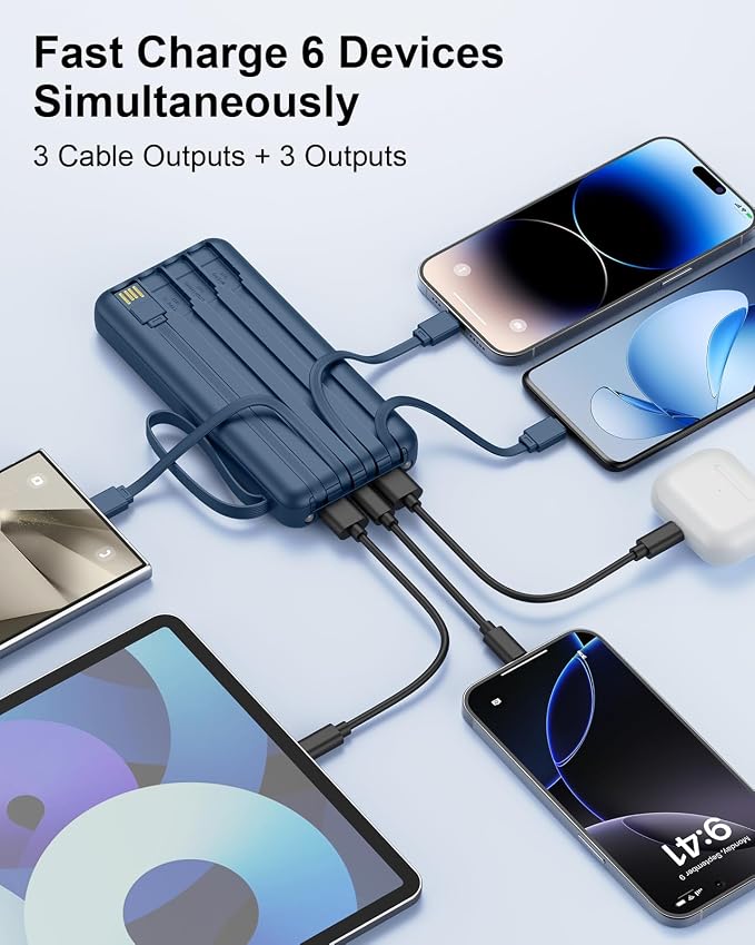 Portable Charger 10000mAh 22.5W Power Bank | Built in 4 Cables, Slim, Fast Charging, USB C LED Display, 6 Outputs & 2 Inputs, Flashlight