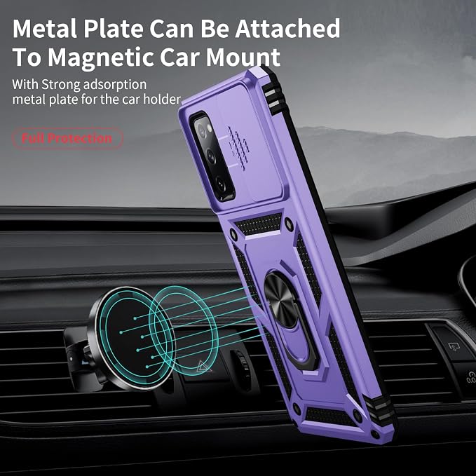 Weycolor for Samsung Galaxy S20 FE 5G Case with Camera Lens Cover, HD Screen Protector, 10 FT Military Grade Drop Protection, Magnetic Ring Holder Kickstand Protective Phone Case, Lavender