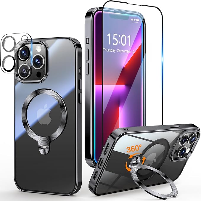 [Tri-Shield Protection] for iPhone 13 Pro Max Case with 360° Spin Stand Compatible with MagSafe [Magnetic CD Ring][Screen & Camera Lens Protector] Shockproof Plating Never-Yellowing, Black-6.7"