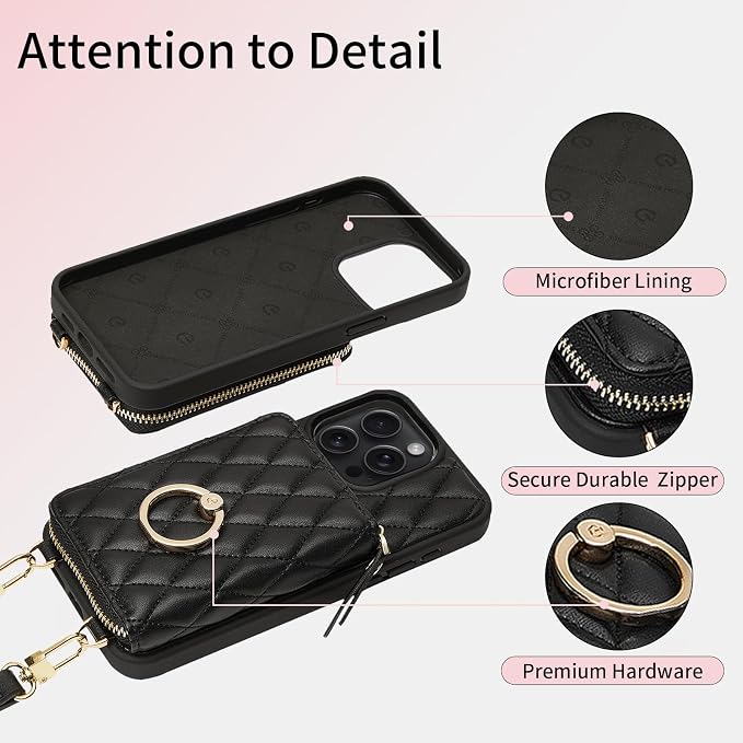 ZVE Compatible with iPhone 15 Pro Wallet Case for Women, PU Leather Shockproof Crossbody Phone Case with Card Holder for iPhone 15 Pro 6.1 Inch-Black