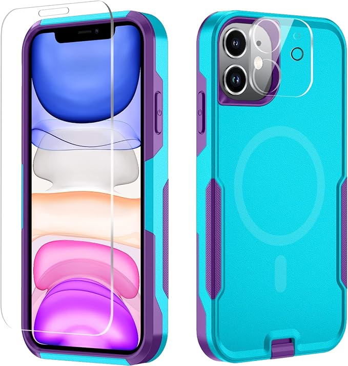 Xmon for iPhone 11 Magnetic Case [Compatible with MagSafe] Tempered Glass Screen Protector with Camera Lens Protector Phone Case Cover for Apple iPhone 11 (Magnetic Aqua Purple)