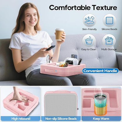 Couch Cup Holder Pillow, Sofa and Bed Caddy for iPad, Kindle, Switch, Game Controller, Remotes, Phones, Small-Sized Cup and Drink Holder for Couch, Bed, Desk, Car, Beach, Bathroom Cup Holder, Pink