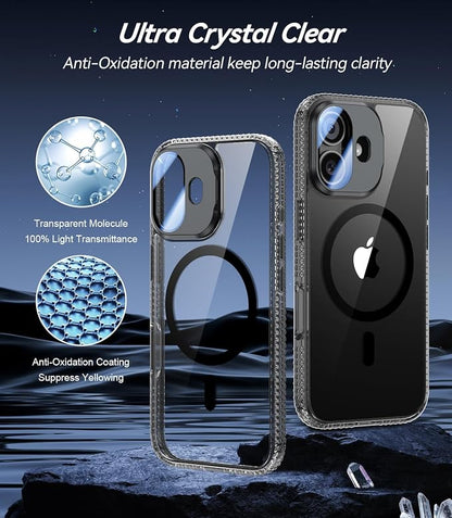 [Upgraded] for iPhone 16 Case with Camera Cover Stand [Fit for MagSafe][9H Camera Lens Protector] Mil-Grade Protection Transparent Magnetic iPhone 16 Phone Case, Clear Black