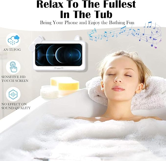 Shower Phone Holder Waterproof, Anti-Fog Touch Screen Shower Phone Case, 480 Rotation Wall Phone Mount Stand for Bathroom Batheub Kitchen Wall Mirror, Compatible with 4.7"-6.8" Phones (White)