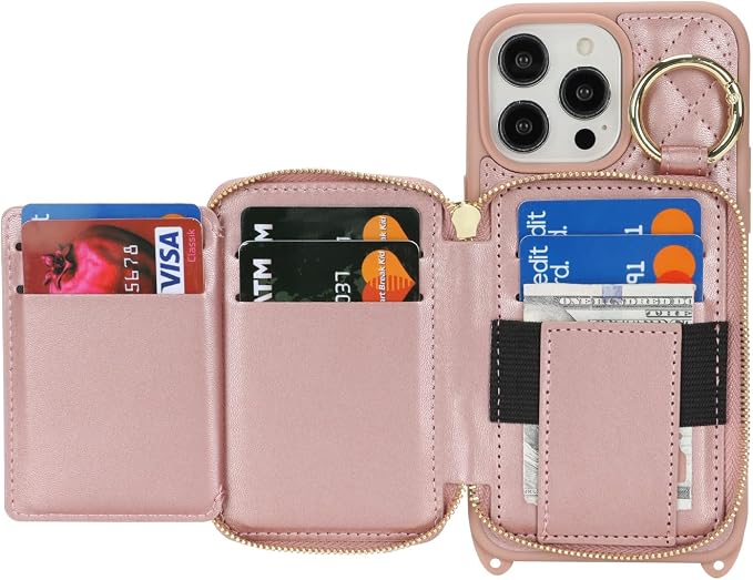 Crossbody Wallet Case for iPhone 14 Pro Max, PU Leather Zipper Handbag Purse Flip Cover, Kickstand Folio Case with Card Slots Holder Wrist Strap Lanyard 5G 6.7 Inch-Rose Gold