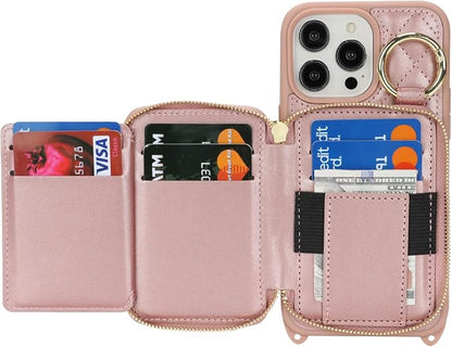 Crossbody Wallet Case for iPhone 14 Pro Max, PU Leather Zipper Handbag Purse Flip Cover, Kickstand Folio Case with Card Slots Holder Wrist Strap Lanyard 5G 6.7 Inch-Rose Gold