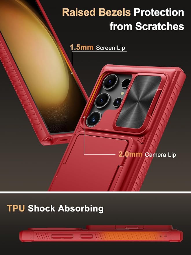 Vihibii for Samsung Galaxy S23 Ultra Case Wallet, Built-in Card Holder, Slide Camera Cover & Stand, Raised Edges Protect Screen & Military Grade Drop Protection for Galaxy S23 Ultra 5G 6.8", Dark Red