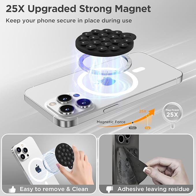 Magnetic Suction Cup Phone Mount with MagSafe, Silicone Hands-Free Grip Holder for iPhone Case and Android, Mirror Shower Phone Stand for Makeup FaceTime Gym Kitchen Bathroom, Black