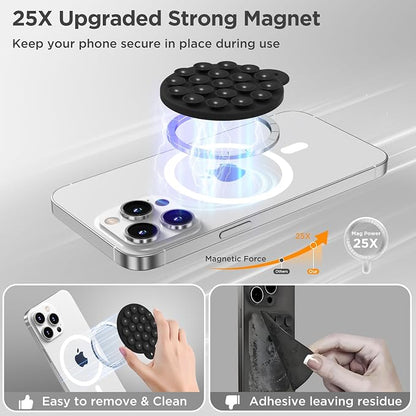 Magnetic Suction Cup Phone Mount with MagSafe, Silicone Hands-Free Grip Holder for iPhone Case and Android, Mirror Shower Phone Stand for Makeup FaceTime Gym Kitchen Bathroom, Black