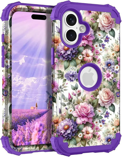 Hocase for iPhone 16 Plus Case 6.7", Heavy Duty Shockproof Protection Soft Silicone Rubber+Hard Plastic Bumpers Hybrid Protective Case for iPhone 16 Plus 2024 - Purple Pink Flowers