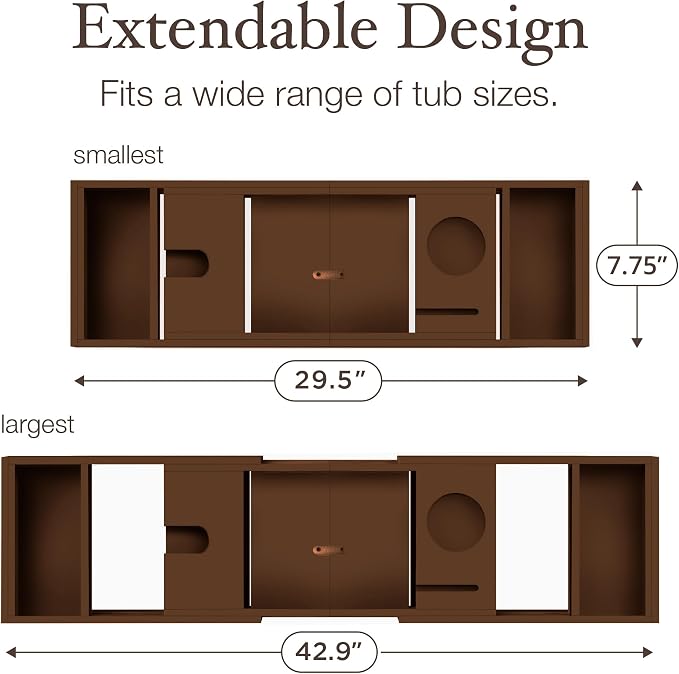Wooden Bathtub Tray - Foldable & Expandable Bamboo Bath Tray for Tub with Wine Holder, Book & Tablet Stand - Bath Caddy Tray for Bathtub, Spa Bath Accessories, Tub Tray Table, (Brown)