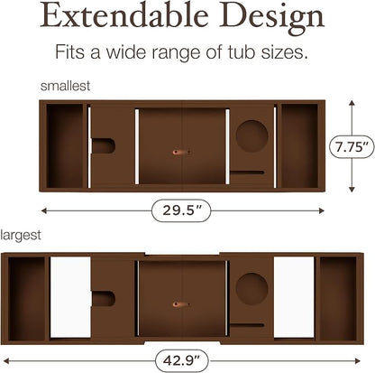 Wooden Bathtub Tray - Foldable & Expandable Bamboo Bath Tray for Tub with Wine Holder, Book & Tablet Stand - Bath Caddy Tray for Bathtub, Spa Bath Accessories, Tub Tray Table, (Brown)