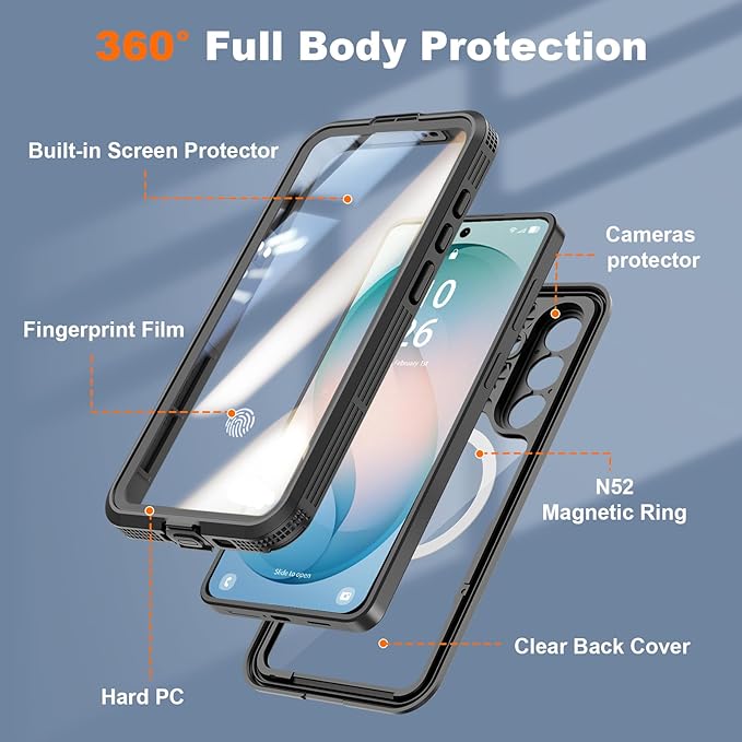 GOLDJU for Samsung Galaxy S26 Plus Case Waterproof, S26 Plus Case with Built-in Screen & Lens Protector, Shockproof Full Body Protection Phone Case, Compatible with MagSafe/Wireless Charging, Black