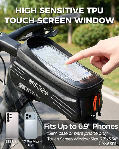 Bike Phone Front Frame Bag, Water-Resistant Bicycle Top Tube Bag, Sensitive Touch Screen Bike Phone Mount Holder for Road Mountain E-bike, Cycling Pouch, Bike Accessories for Phones