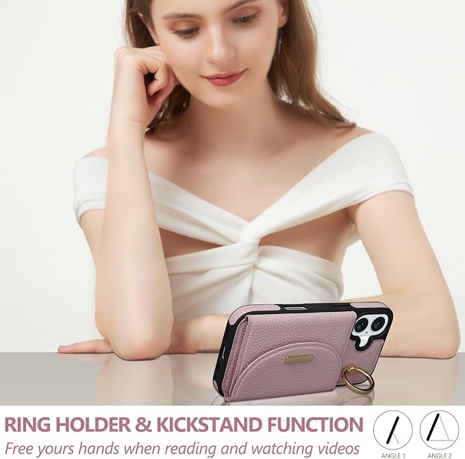 Keallce Wallet Case for iPhone 16 Plus 6.7'', Flip Case with Card Slots, Ring Holder Kickstand, PU Leather Protective Folio Cover for Women, Pink