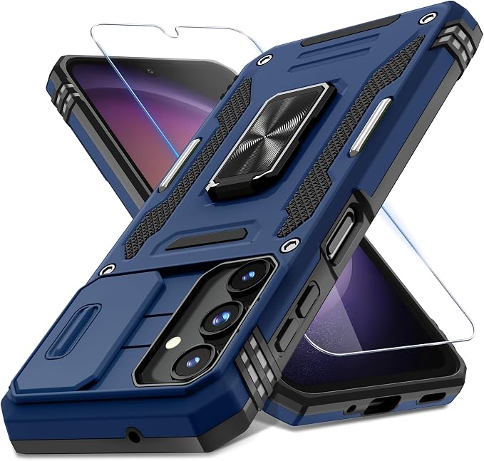 DEERLAMN Case for Samsung Galaxy A16 5G with Slide Camera Cover+Screen Protector (1 Pack), Rotated Ring Kickstand Military Grade Shockproof Protective Cover-Navy Blue