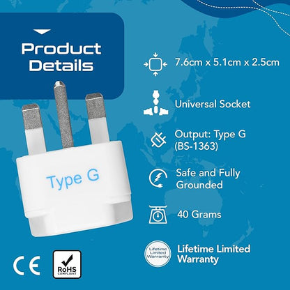 Ceptics UK, Hong Kong, Ireland, UAE Travel Plug Adapter (Type G) - 3 Pack [Grounded & Universal] (GP-7-3PK), White, Standard | UK Travel Plug Adapter, UK Adapter for Ireland, UAE & Hong Kong, Type G Adapter for Travel for US Travelers