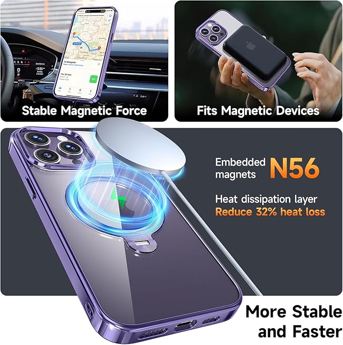 [Tri-Shield Protection] for iPhone 14 Pro Max Case with 360° Spin Stand Compatible with MagSafe [Magnetic CD Ring][Screen & Camera Lens Protector]Shockproof Plating Never-Yellowing, Purple-6.7"