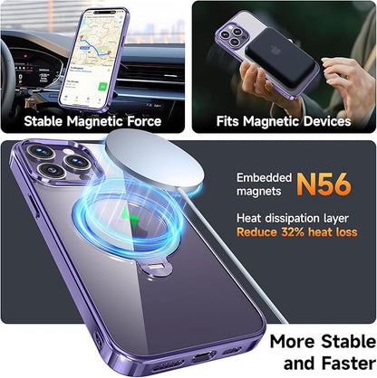 [Tri-Shield Protection] for iPhone 14 Pro Max Case with 360° Spin Stand Compatible with MagSafe [Magnetic CD Ring][Screen & Camera Lens Protector]Shockproof Plating Never-Yellowing, Purple-6.7"
