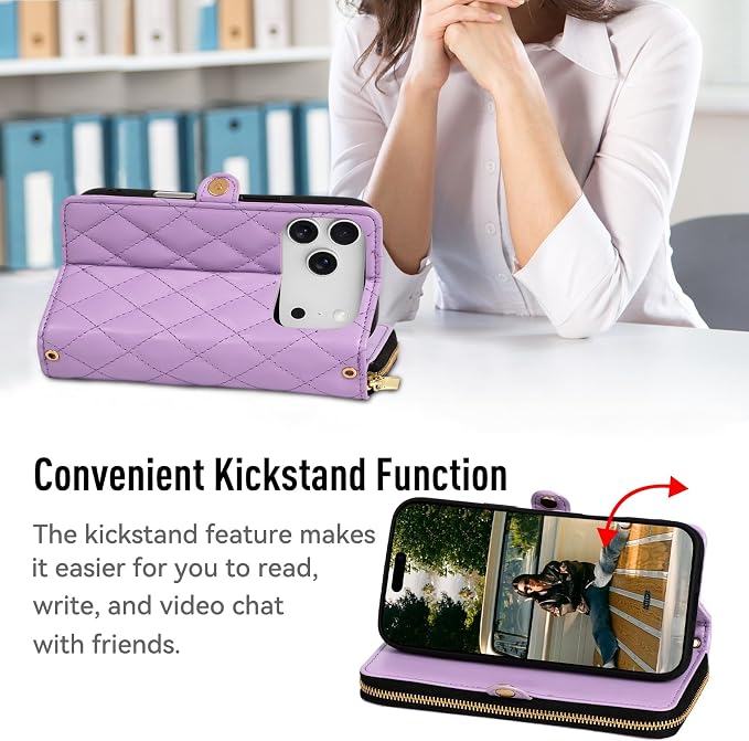 Rssviss Crossbody Case for iPhone 17 Pro Case Wallet, RFID Blocking Leather with Card Holder Kickstand, Handbag Zipper Flip Cover with Wrist Strap for iPhone 17 Pro Men Women 6.3", Purple