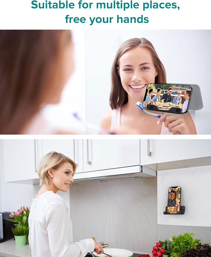 HomeMount Wall Phone Holder - Hands Free Wall Mount Phone Holder with Adhesive Strip Wall Mount Phone Holder for Bedroom Living Room Kitchen Compatible with All Phone or Mini ipad Black (1PCS)