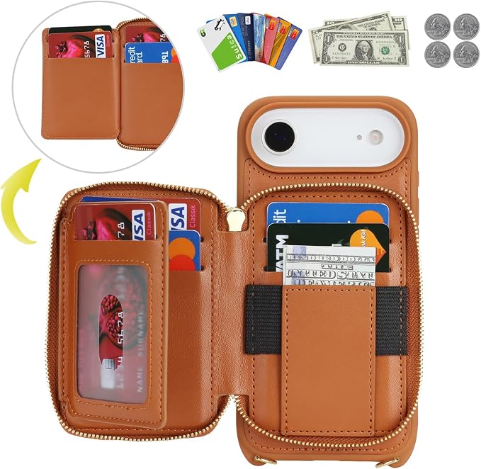 Crossbody Wallet Case for iPhone Air, PU Leather Zipper Handbag Purse Flip Cover, Kickstand Folio Case with Card Slots Holder Wrist Strap Lanyard 5G 6.5 Inch-Brown