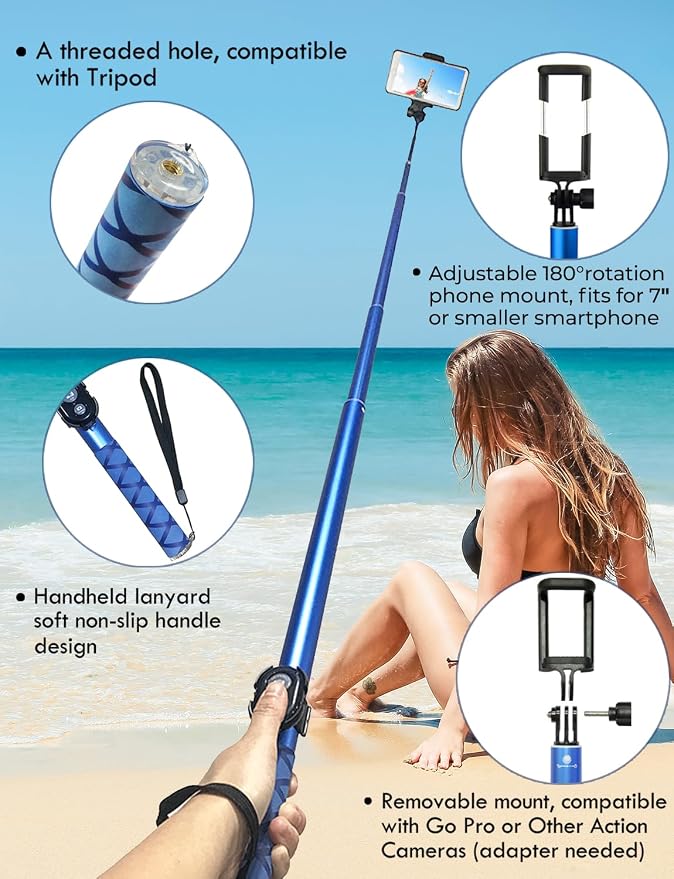 118'' 9.8ft Long Selfie Stick for iPhone, Android, Extended Super Long Pole, Selfie Stick Tripod with Remote, for Selfies/Video Recording, Includes Phone Tripod, Bluetooth Wireless Remote (20 to 118")
