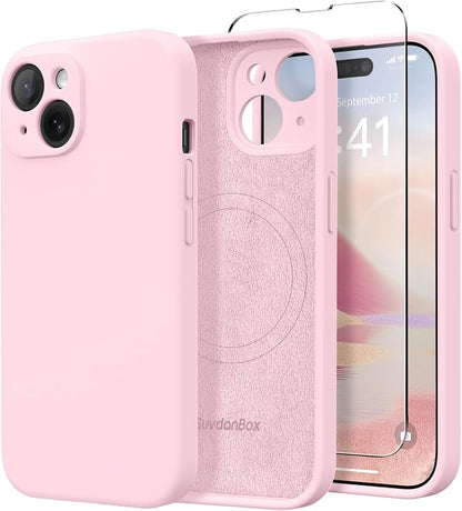 Magnetic for iPhone 15 Case, Compatible with MagSafe, [Screen Protector + Full Camera Protection], Silicone Shockproof Anti-Scratch Protective Phone Case for iPhone 15 6.1", Chalk Pink