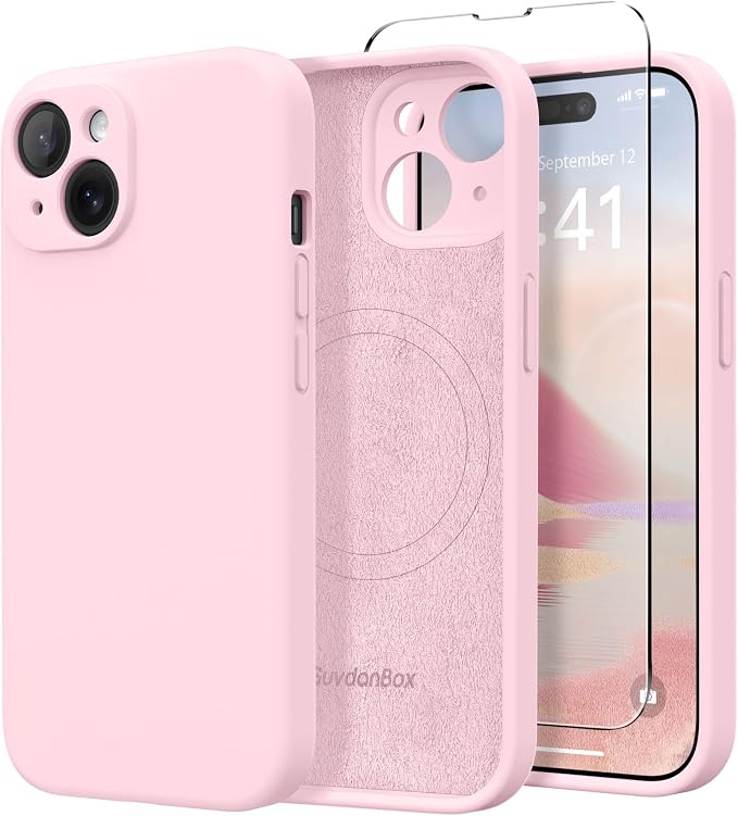 Magnetic for iPhone 14 Case, Compatible with MagSafe, [Full Camera Protection][Screen Protector] Silicone Shockproof Protective Phone Case for iPhone 14 6.1 inch, Chalk Pink