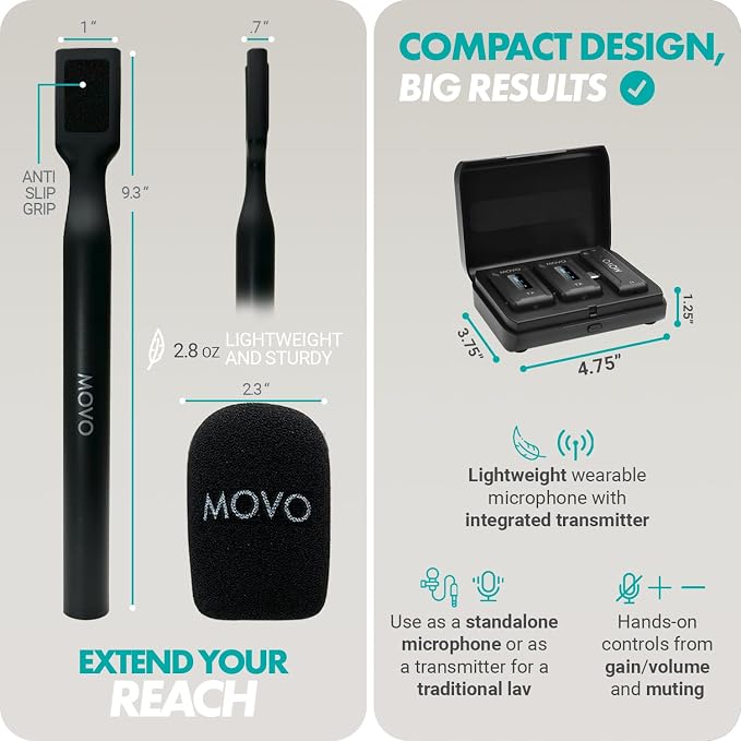 Movo WMX-2-C-DUO Dual USB-C Wireless Lavalier Microphone for iPhone 15/Android/USB C Devices with WMX-HM Handheld Adapter - Lapel Mic with Handle Mount for Content Creators, Interviews, Reporting