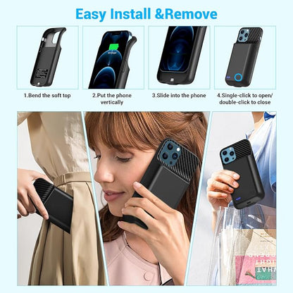 Battery Case for iPhone 12, 12 Pro (6.1 inch), Upgrade 13800mah Portable Slim Battery Charging Case, Rechargeable Charger External Charging Case with Tempered Glass Screen Protector Black