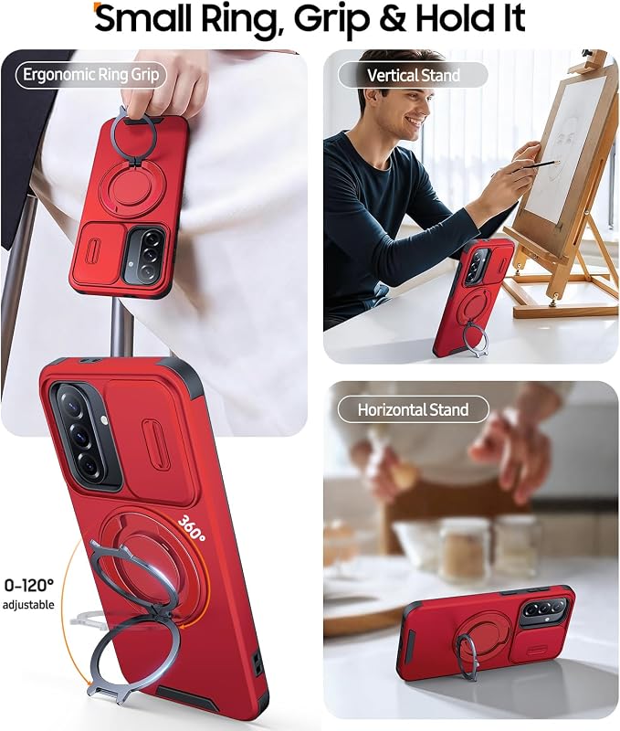 JAME for Samsung Galaxy A37/A36/A56 5G Case, Ring Holder Stand Kickstand, Slide Camera Cover, 2 Screen Protectors, Dual-Layer Shockproof Protective, Magnetic Accessory Friendly Phone Case, Red