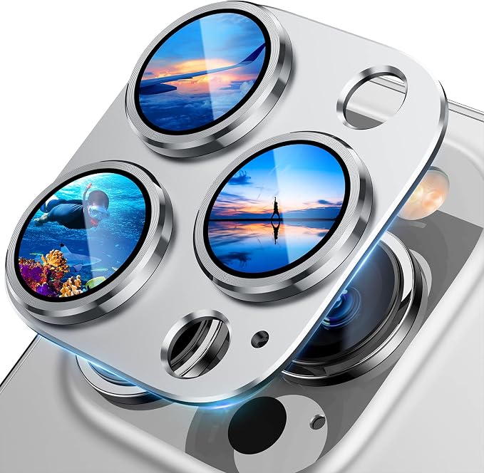 UniqueMe for iPhone 13 Pro/iPhone 13 Pro Max Camera Lens Protector, [Strong Drop Protection] [Not Easy to Fall-off] Metal Ring Tempered Glass Rear Camera Screen Cover - Silver