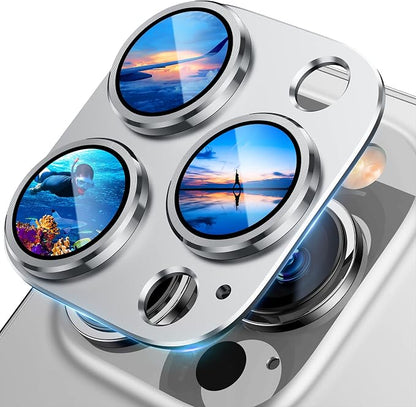 UniqueMe for iPhone 13 Pro/iPhone 13 Pro Max Camera Lens Protector, [Strong Drop Protection] [Not Easy to Fall-off] Metal Ring Tempered Glass Rear Camera Screen Cover - Silver