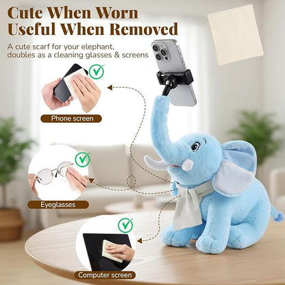Phone Holder, Phone Mount with 360° Rotating Clip 45° Adjustable Trunk, Elephant Stuffed Animal with Ear Pockets Glasses Cloth Scarf & Back Headphone Fit, Cell Phone Holder for Desk Bed Sofa Car- Blue