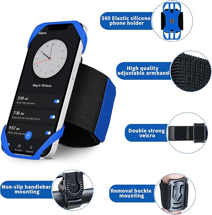 3in1 Phone Holder for Running,Arm Band/Wrist Holder/Bike Mount,Phone Armbands 360° Rotation & Detachable Fit All 4.5-7" Phone for iPhone 17/16/15/Pro/14/13/12/mini/Pro Max/XS/XR (Blue)