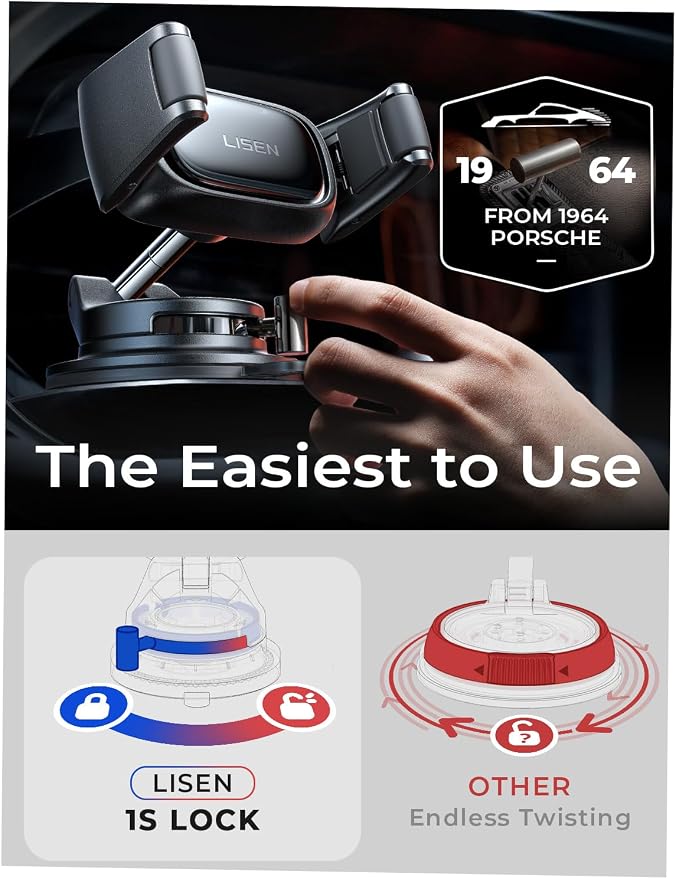 LISEN Suction Phone Mount, [Industry First] Auto-Adjusting Phone Holder Suction, Easy One Touch Suction Cup Phone Mount Cell Phone Mount Car Dash for iPhone 17 Pro Max 16 15 14 Galaxy S26 25 All Cases