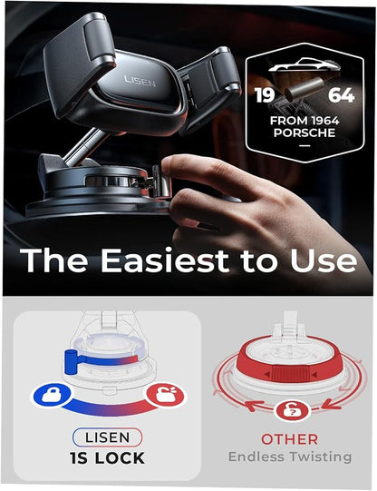 LISEN Suction Phone Mount, [Industry First] Auto-Adjusting Phone Holder Suction, Easy One Touch Suction Cup Phone Mount Cell Phone Mount Car Dash for iPhone 17 Pro Max 16 15 14 Galaxy S26 25 All Cases