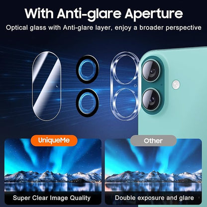UniqueMe for 3 Pack iPhone 16 / iPhone 16 Plus/iPhone 17 Camera Lens Protector - [Drop Protection] [Case Friendly] 9H Tempered Glass Camera Cover Screen [Update New Version]