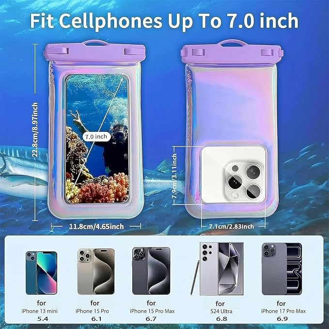 Floatable Waterproof Phone Pouch Case 2 pax for iPhone 17 16 Pro Max/15/14/13/12,IP68 Travel Cellphone Dry Bag Beach Cruise Ship Essentials Bags with Crossbody Lanyard, Iridescent Purple and Black-7″