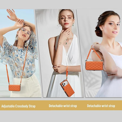Rssviss Crossbody Case for iPhone 17 Pro Max Case Wallet, RFID Blocking Leather with Card Holder Kickstand, Handbag Zipper Flip Cover with Wrist Strap for iPhone 17 Pro Max Men Women 6.9", Orange
