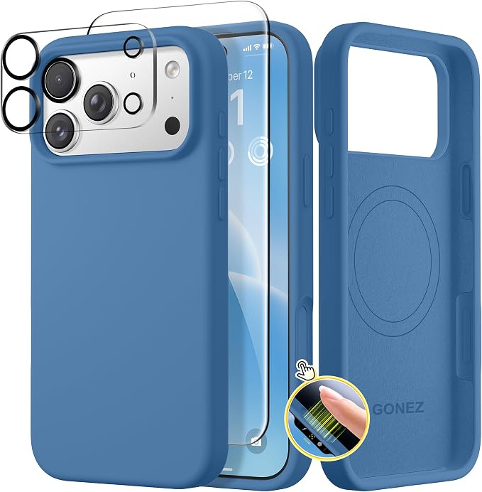 GONEZ Magnetic for iPhone 17 Pro Case, Compatible with MagSafe, [Screen Protector + Camera Lens Protector], Liquid Silicone Anti-Scratch Shockproof Protective Phone Case 6.3 inch, Lake Blue