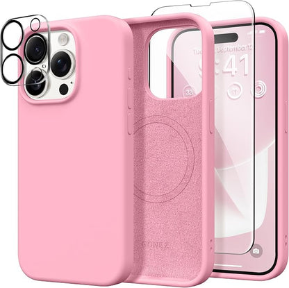 GONEZ for iPhone 15 Pro Max Case Silicone, Compatible with Magsafe, Camera Protector + Screen Protector, Soft Anti-Scratch Microfiber Lining, Liquid Silicone Shockproof Phone Cover, Sweetie Pink