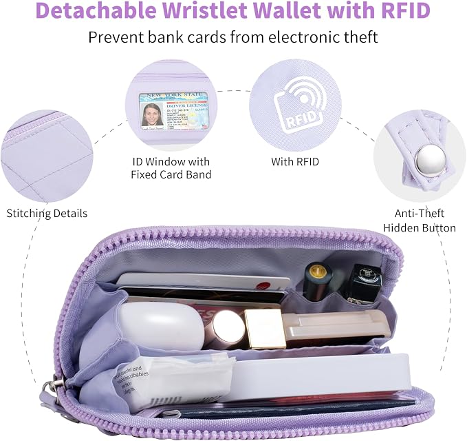 Tiostep Clip and Go Strap for Phone with Wallet Crossbody Phone Lanyard with Anti-Theft Zipper Pouch Detachable Quilted Wrist Wallet with RFID and ID Window for Daily Travel. Purple Large