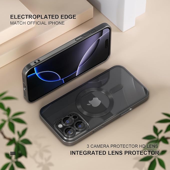 Misea Magnetic for iPhone 16 Pro Case Compatible with MagSafe [Never Yellowing] [Military Grade Drop Protection] Full Camera Lens Protector Plating Soft Clear Phone Case for Women, Titanium Black