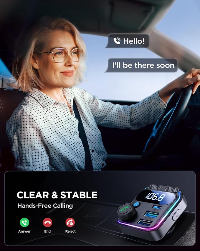 JOYROOM Bluetooth 5.4 Car Adapter FM Transmitter 81W Bluetooth Cigarette Lighter Adapter [PD45W&QC36W] Fast Charging Dual Mics HiFi Bass LED Display Wireless Radio Hands-Free Calling Support USB Drive
